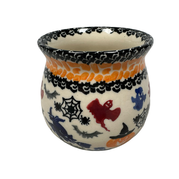 Polish Pottery Halloween Bubble Mugs 3.5" Spooky Ghosts Bats Pumpkins Lot of 4 - Picture 3 of 8